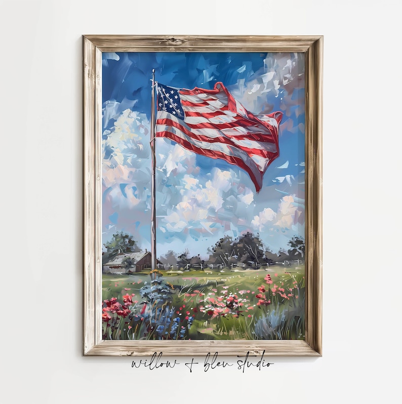 Patriotic American flag in a summery wildflower meadow landscape for simple and eloquent 4th of July and memorial day decor. Digital download, printable wall art.