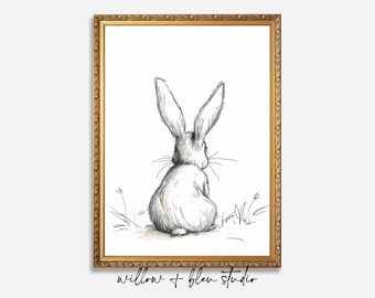 Rustic Bunny Sketch Printable, Vintage Cottage Rabbit Nursery Decor, Storybook Baby Room Digital Download