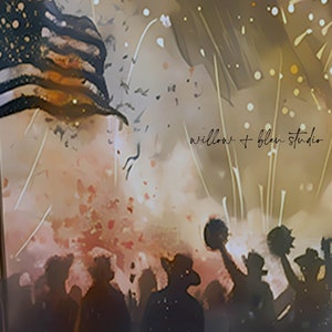 Puede incluir: Una pintura de acuarela de una multitud de personas celebrando con fuegos artificiales en el fondo. Una bandera estadounidense ondea en primer plano. El texto "willow + bloom studio" es visible en la esquina superior derecha de la imagen.