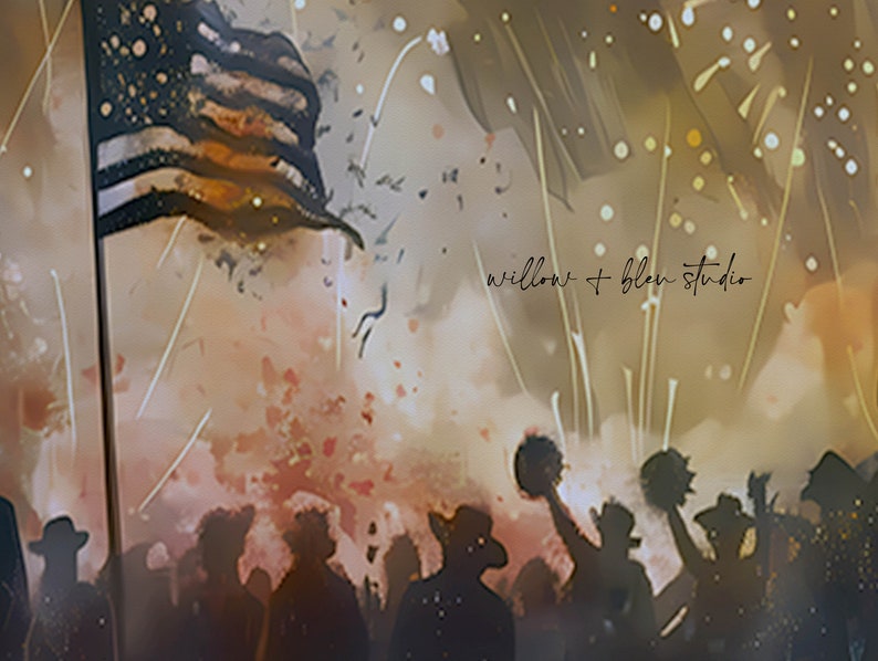 Puede incluir: Una pintura de acuarela de una multitud de personas celebrando con fuegos artificiales en el fondo. Una bandera estadounidense ondea en primer plano. El texto "willow + bloom studio" es visible en la esquina superior derecha de la imagen.