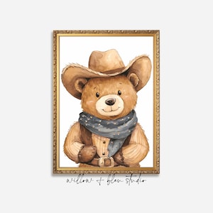 Cowboy Teddy Bear Nursery Print: Western Animal Art (Digital Download