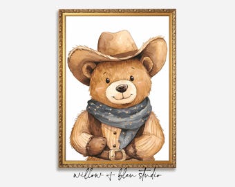 Teddy Bear Cowboy Wall Art, Whimsical Nursery Printable, Western Kids Room Digital Download