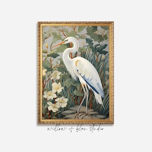 William Morris blue heron printable wall art, green, yellow and white chinoiserie style bird print, floral botanical coastal decor