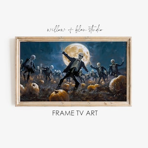 不気味で楽しいハロウィーンフレームTVアート、気まぐれな骸骨ダンスパーティー、月明かりの秋のデジタルダウンロード