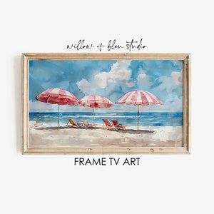 Coastal Beach Frame TV Art: Pink Umbrellas Seascape (Digital Download)