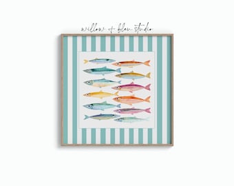 Colorful Watercolor Sardines Printable, Coastal Fish Kitchen Art, Mediterranean Seafood Digital Download