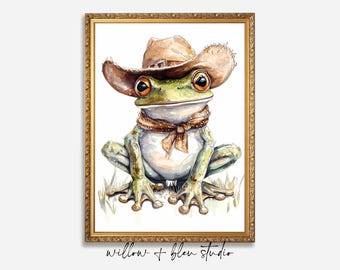 Afdrukbare kunst cowboykikker, grillige westerse dierenillustratie, kinderkamer digitale download