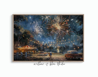 Vintage Fireworks Art Printable, Patriotic Americana Decor, 4th of July Digital Download
