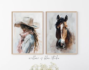 Set de arte imprimible de vaquera y caballo del oeste, decoración costera americana, descarga digital rústica de granja