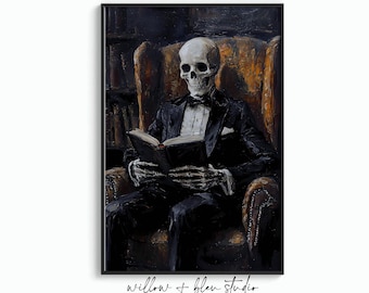 Victorian Skeleton Reading Printable, Spooky Gothic Library Art, Moody Literary Digital Download