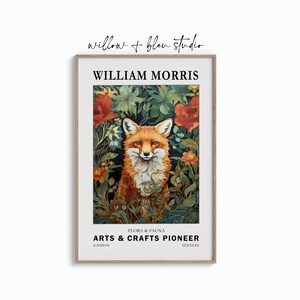 William Morris style fox printable wall art, earthy green and orange woodland animal print, vintage botanical print, exhibition poster