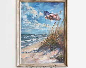 Coastal American Flag Printable, Patriotic Summer Beach Wall Art, Fourth of July Digital Download