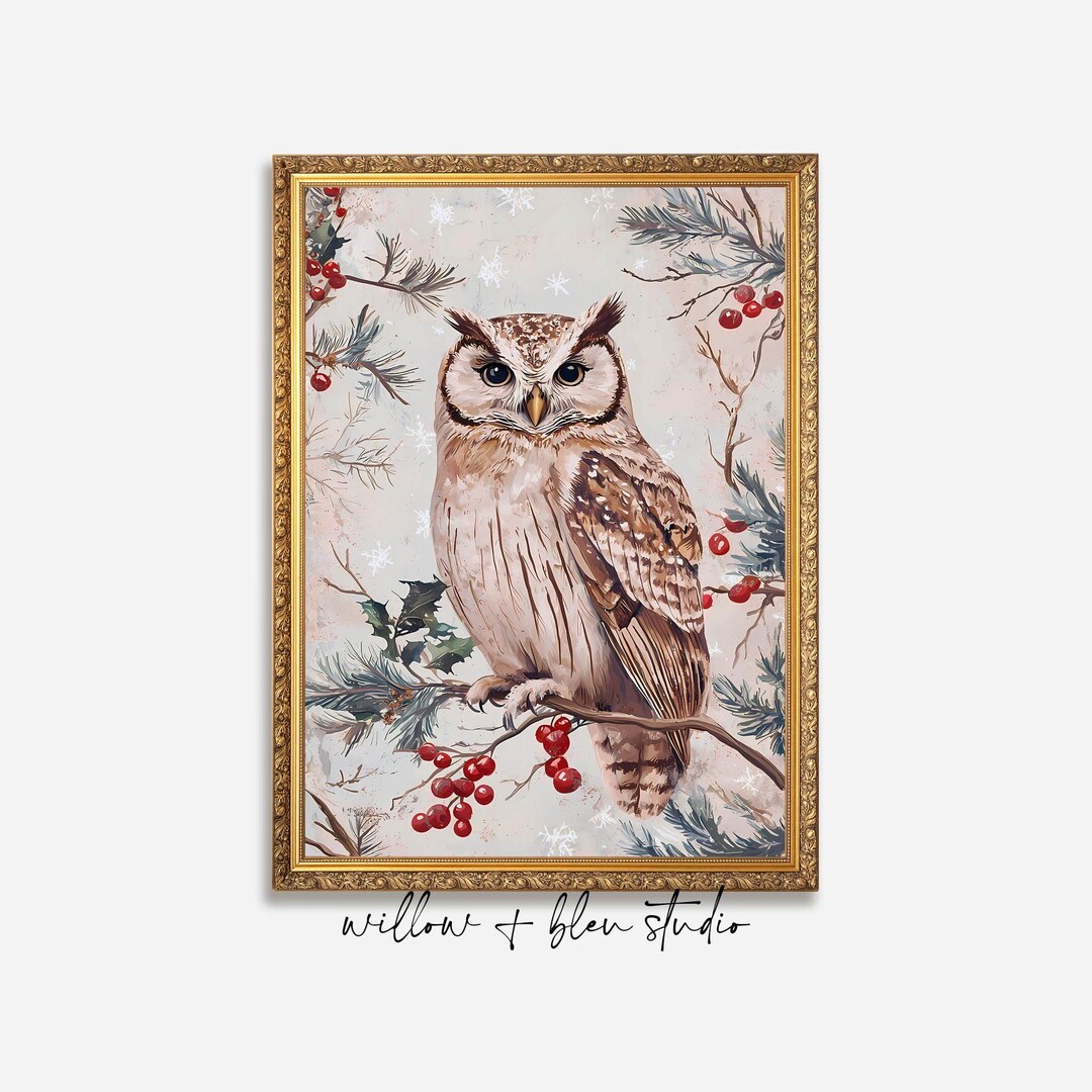 Vintage Christmas Owl Printable Wall Art, Neutral Winter Holiday Bird ...