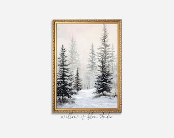 Winter Forest Wall Art, Rustic Snowy Landscape Printable, Evergreen Trees Digital Download