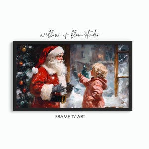 Retro Christmas frame tv art, child with Santa Claus classic winter holiday farmhouse decor, festive seasonal party wallpaper screensaver