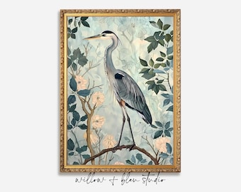 William Morris Blue Heron Print: Chinoiserie Floral Bird Art (Digital Download)