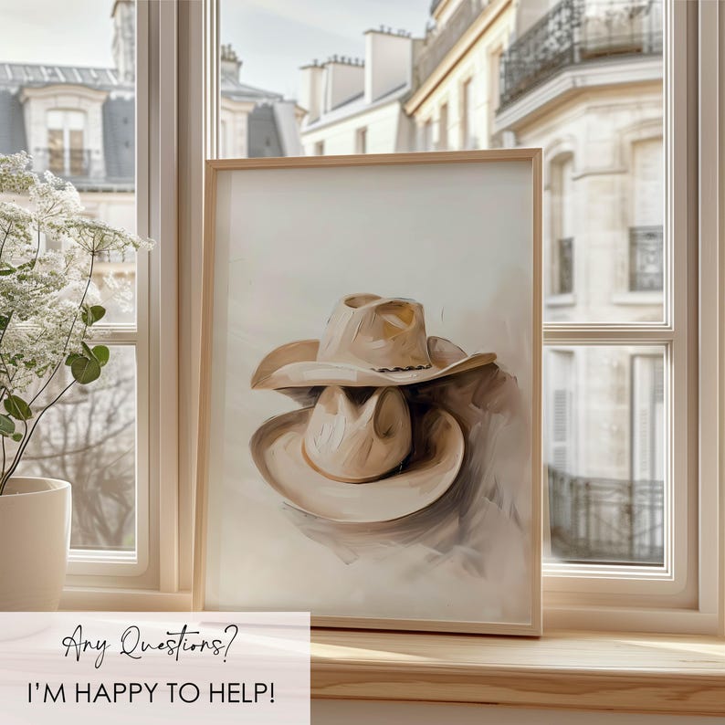 May include: A painting of two beige cowboy hats stacked on top of each other. The hats are painted in a realistic style with soft brushstrokes. The background is a light beige color.