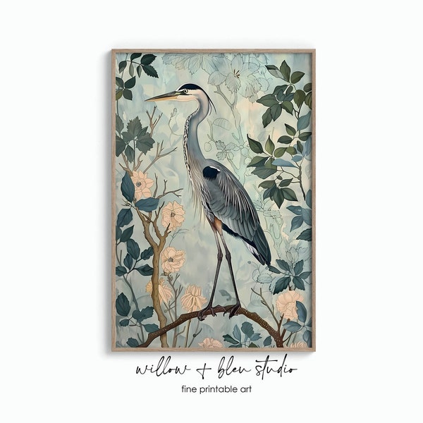 William Morris Heron Print Instant Download Chinoiserie Wall Art Rococo Art Nouveau Floral Botanical Prints Maximalist Grandmillenial Decor