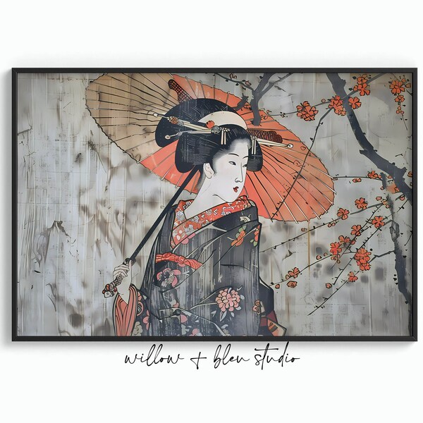 Printable Japanese Wall Art, Ukiyo-e Geisha Wood Block Print, Instant Download Wabi Sabi Minimalist MCM Décor