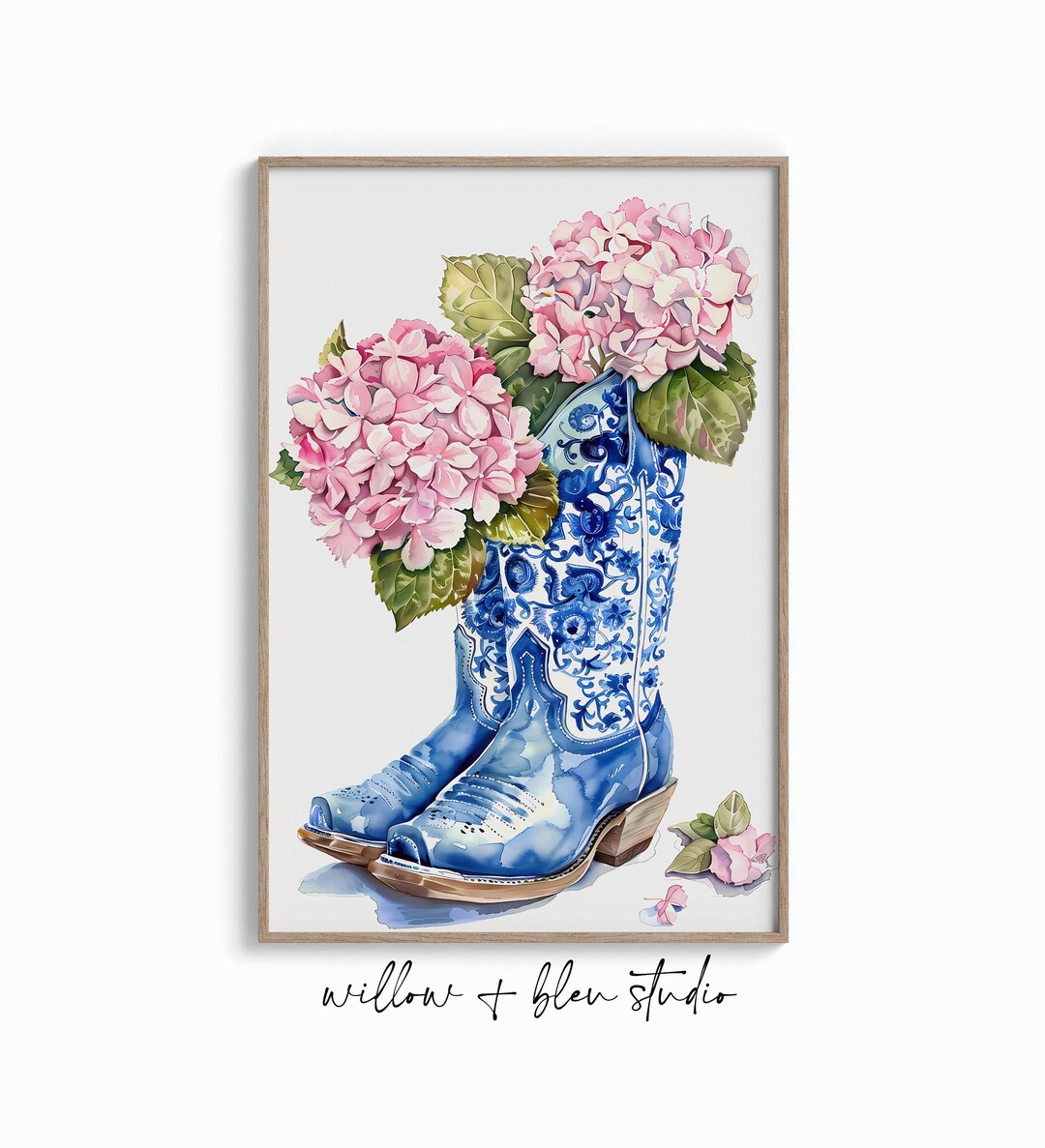 Blue Chinoiserie Cowgirl Boots Printable, Floral Western Wall Art, Pink ...