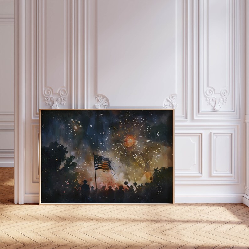 Puede incluir: Una pintura de acuarela de una multitud de personas silueteada contra un cielo oscuro con fuegos artificiales explotando en el fondo. Una bandera estadounidense ondea al viento.