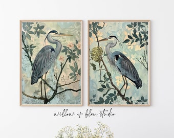 Blue Heron Chinoiserie Print Set: William Morris Style Botanical Art (Digital Download)