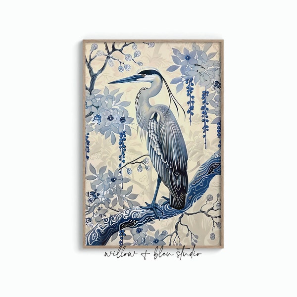 Blue Chinoiserie Printable Heron Wall Art Rococo Floral Botanical Prints Instant Download Maximalist Coastal Grandma Décor