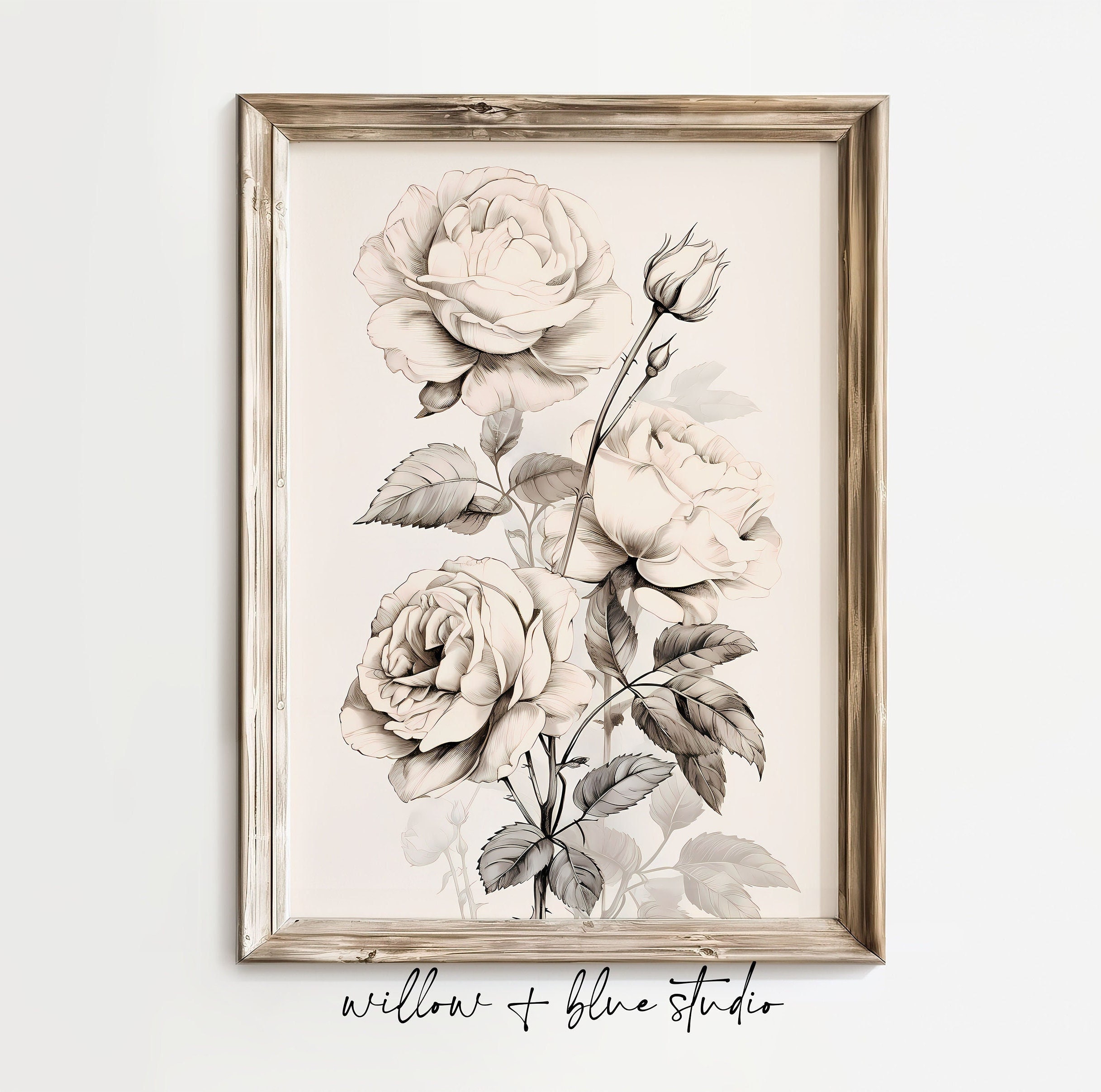 Printable Vintage Rose Wall Art, Minimalist Neutral Floral Botanical ...