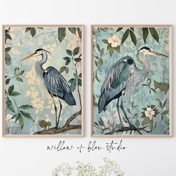 Printable Chinoiserie William Morris Heron Wall Art Set, Instant Download Rococo Floral Botanical Prints, Maximalist Cottagecore Décor