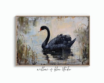 Elegant Black Swan Art Printable, Botanical Bird Nature Artwork, Moody Cottage Digital Download