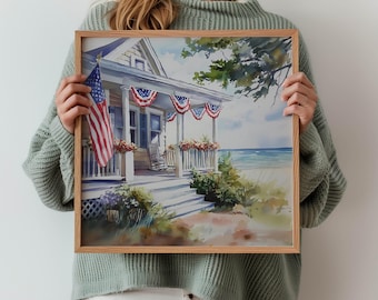 Patriotic Beach Cottage Watercolor Printable, Summer Coastal Wall Art, Americana Digital Download