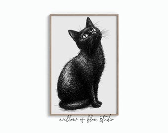 Black Cat Illustration Printable, Modern Pet Art, Minimalist Feline Digital Download