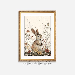Vintage Bunny Floral Sketch: Earthy Nursery Art (Digital Download)