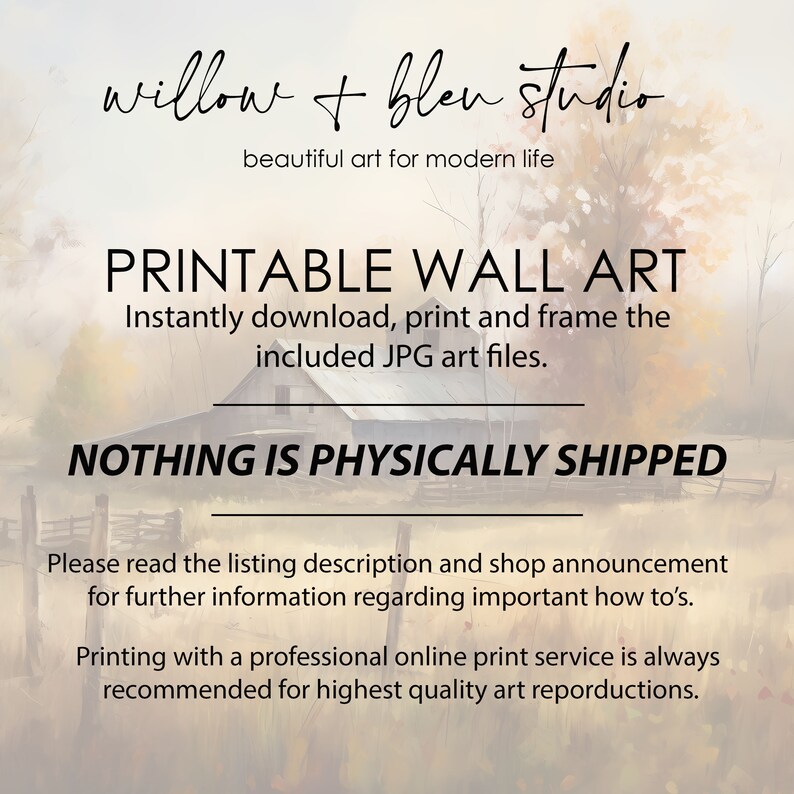 Puede incluir: Arte de pared imprimible con una pintura de acuarela de un granero en un campo con &aacute;rboles. El texto "Printable Wall Art" est&aacute; en la parte superior de la imagen, y el texto "Nothing is Physically Shipped" est&aacute; en la parte inferior de la imagen.