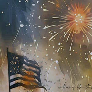 Puede incluir: Una pintura digital de una persona con una camisa a rayas de pie frente a un espect&aacute;culo de fuegos artificiales. Los fuegos artificiales son de color naranja brillante y blanco sobre un fondo oscuro. El texto "willow + bleu studio" es visible en la esquina inferior derecha de la imagen.