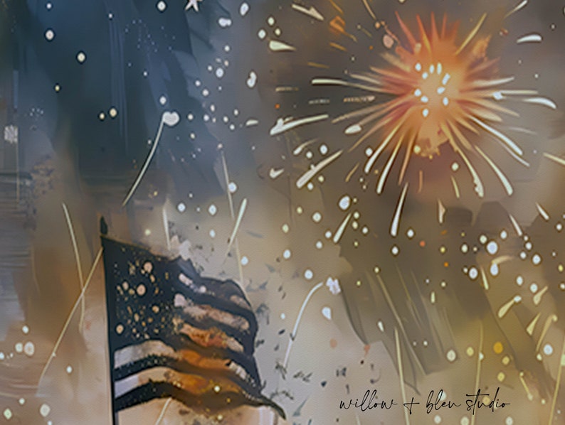 Puede incluir: Una pintura digital de una persona con una camisa a rayas de pie frente a un espect&aacute;culo de fuegos artificiales. Los fuegos artificiales son de color naranja brillante y blanco sobre un fondo oscuro. El texto "willow + bleu studio" es visible en la esquina inferior derecha de la imagen.