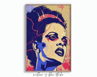 Mod Pop Art Bride of Frankenstein Printable, Halloween Monster Wall Art, Retro Digital Download