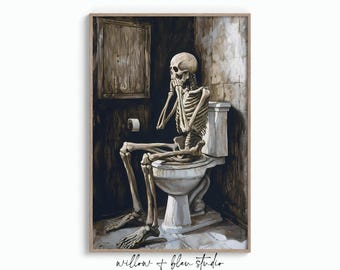 May include: A skeleton sitting on a toilet in a bathroom with a roll of toilet paper on the wall. The skeleton is holding its head in its hands and has a worried expression on its face.