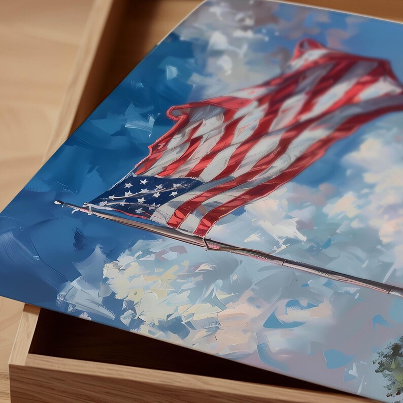 May include: An artistic rendering of the American flag waving in a bright blue sky with fluffy white clouds. The flag features red and white stripes and a blue canton with white stars. The artwork is displayed on a rectangular surface.