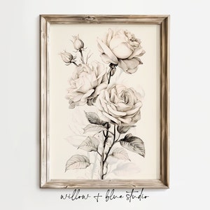 Arte de pared imprimible con boceto de rosa vintage, póster con ilustración botánica floral simple neutral, descarga digital, decoración de casa de campo