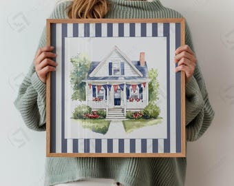 Patriotic Beach House Watercolor Printable, Coastal Summer Wall Art, Americana Digital Download