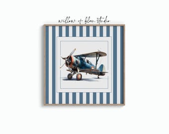 Vintage Airplane Printable Art, Aviation Nursery and Boys Room Decor, Blue Striped Digital Download