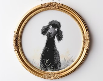 May include: An oval framed print of a black poodle with a curious expression, set in a grassy field. The print is surrounded by an ornate, gold-coloured frame, with the text "willow + bleu studio" at the top.