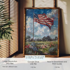 May include: A framed painting of the American flag waving in the wind, set against a backdrop of a rural landscape with a field of wildflowers. The artwork is in a wooden frame and includes the text "What is Included?" with details about the files.