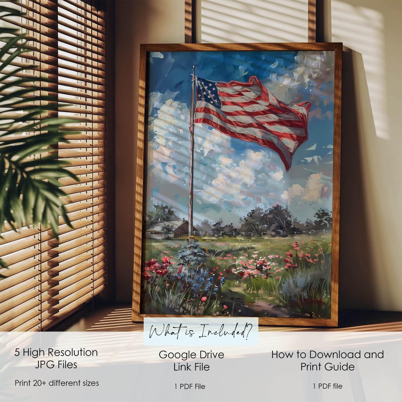 May include: A framed painting of the American flag waving in the wind, set against a backdrop of a rural landscape with a field of wildflowers. The artwork is in a wooden frame and includes the text "What is Included?" with details about the files.