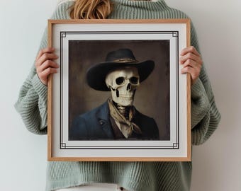 Victorian Cowboy Skeleton Printable, Gothic Western Halloween Decor, Vintage Victorian Digital Download