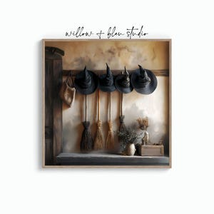 Rustic witch hat and broom wall art, earthy Halloween digital printable, witchy autumn cottage farmhouse decor, vintage gothic fall print