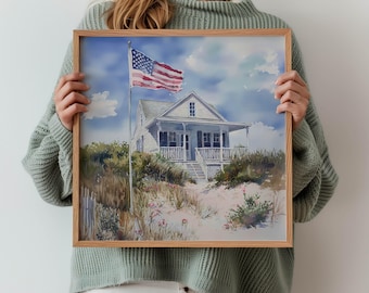 Beach Cottage Watercolor Printable, Coastal Patriotic Wall Art, Nautical Americana Digital Download