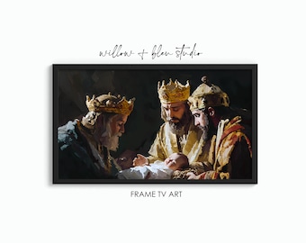 Op de afbeelding: Een schilderij van drie mannen in gouden kronen die knielen voor een baby in een witte doek. De mannen dragen kleurrijke gewaden en de baby ligt op een witte doek. Het schilderij is tegen een donkere achtergrond geplaatst.