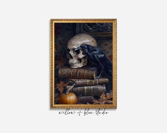 Halloween Memento Mori Skull Art Printable, Gothic Raven Still Life Painting, Victorian Digital Download